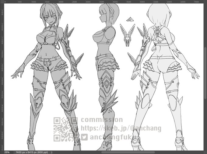 Skeb No.34 girl WIP
キャラクター3面図 