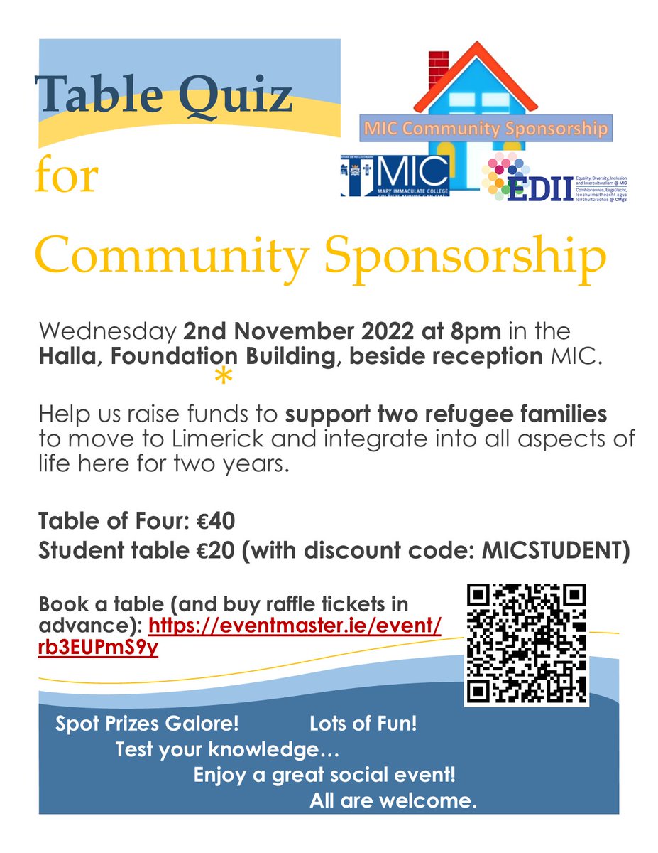 Calling all table quizers! Join us next Tuesday at 8pm in @MICLimerick to raise funds for our community sponsorship of two refugee families in Limerick. All welcome. Book a table here: eventmaster.ie/event/rb3EUPmS… @LMcIlrath @President_MIC @niamhhourigan1 @maryisu