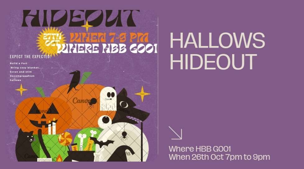 NeurodivsocUG's tweet photo. Hallows is happening tonight on campus! And sometimes lots of people and noise means we need to recharge for while

Find us at the Halloween Hideout from 7 to 9in HBB G001 (in front of Sult) for a Quiet Space where you can take a breather from the party

No Hallows tickets needed https://t.co/lD2XvNzQkM