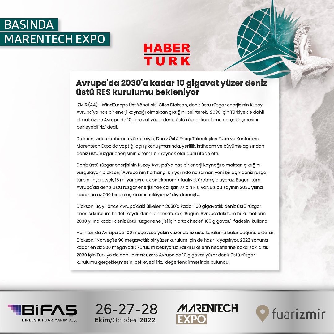 Marentechexpo's tweet photo. Marentech Expo Basın Yansımaları
#MarentechExpo #denizüstüenerji #Dured #yenilenebilirenerji #temizenerji #globalfuar #enerjifuarı #Bifaş #globalfair #energyexibition #renewable #energy #recycling #air #cleanair #saving #economy #nature #labourforce #offshoreenergy https://t.co/95T17QscDa