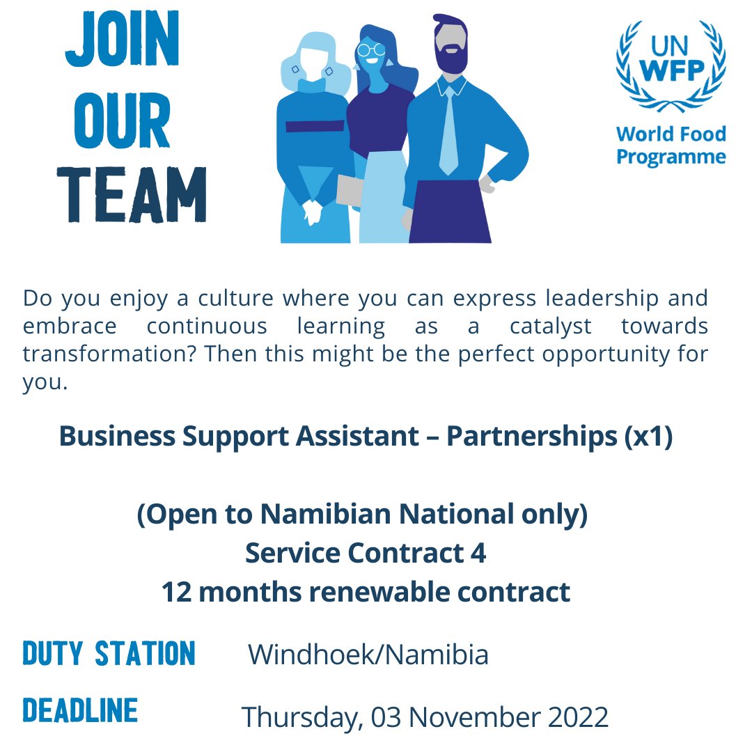 WFP 🇳🇦 has a job opening for a Business Support Assistant – Partnerships (x1), open to Namibian National only. To join our team, apply 👇🏾career5.successfactors.eu/sfcareer/jobre… by Thursday, 03 November 2022. #unjobs #wfpjobs #unitednationsjobs