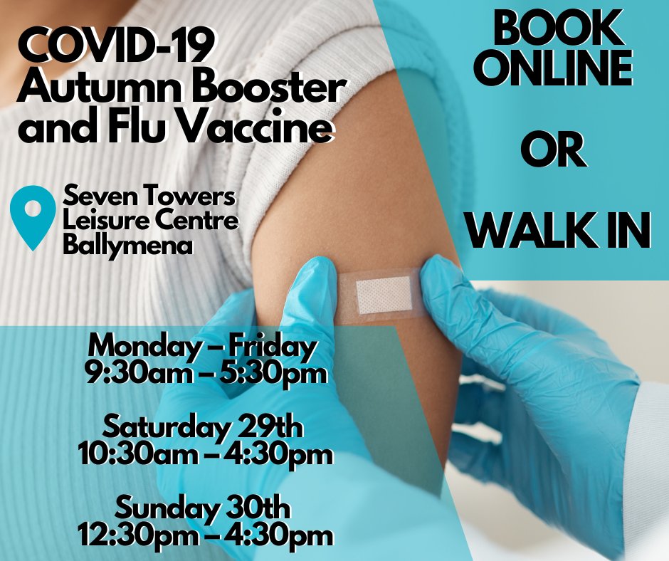 Appointments for Autumn Boosters are available at Seven Towers Leisure Centre. Anyone that would like to receive first or second dose vaccine can also attend. Eligibility criteria for COVID-19 Booster Programme ▶️bit.ly/3SENvbt ◀️
Book here ▶️ bit.ly/3f9h4Ei ◀️