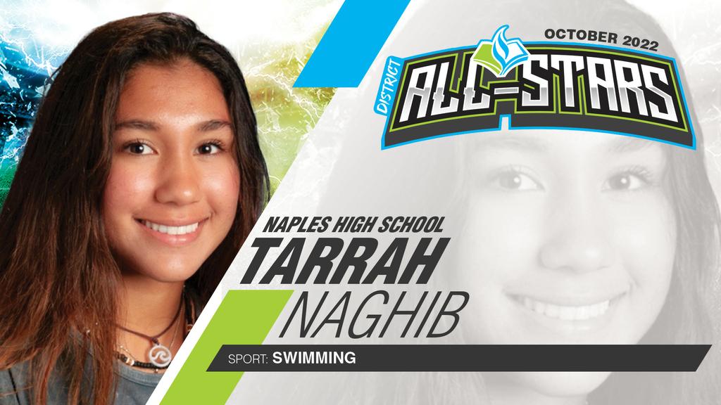 Tarrah Naghib @NaplesHS is a senior captain on the Eagles swim team & holds the school record in the 100m butterfly (58.04)! Tarrah helped guide this year’s 200m & 400m Freestyle relay teams to a CCAC championship & received the prestigious NHS Student Athlete Award.