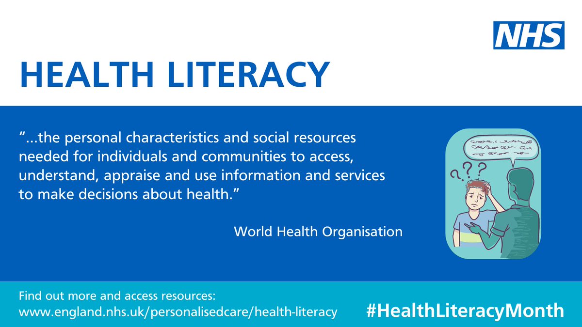 If #HealthLiteracy is not addressed, we risk inadvertently widening #HealthInequalities by developing information and services which do not meet the needs of people who would benefit most.

Resources ▶️ england.nhs.uk/personalisedca…

#PersonalisedCare #HealthLiteracyMonth #Core20Plus5