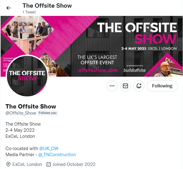 _TNConstruction's tweet photo. ๐ข The Offsite Show has launched a Twitter page ๐ข
@Offsite_Show is co-located with @UK_CW. Give them a follow to keep up to date with The Offsite Show news, for the 2nd - 3rd of May 2023 at the London Excel.
#offsiteshow #ukcw #construction #trendingnow #offsite https://t.co/SnuszvVtmb