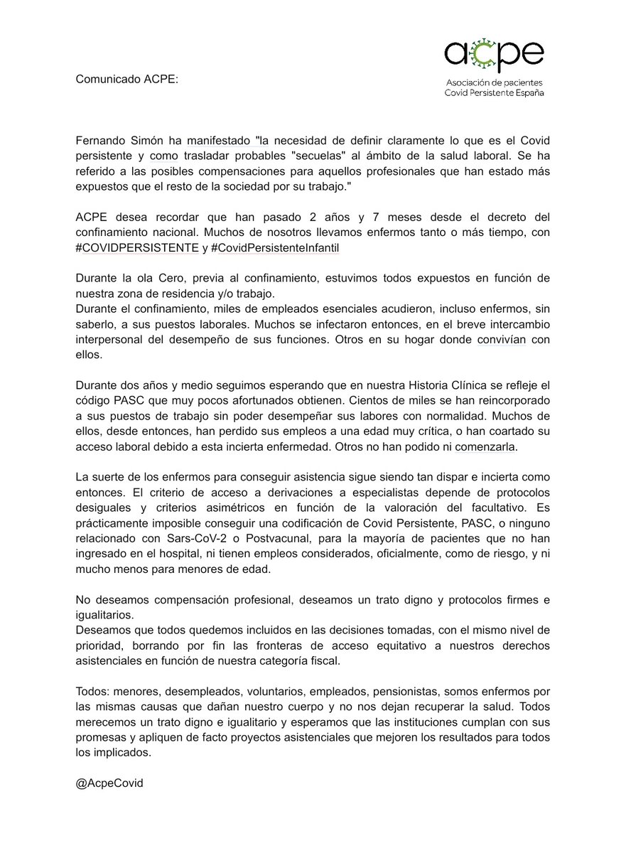 AcpeCovid's tweet photo. 🟢Comunicado de @AcpeCovid ante las declaraciones de Fernando Simón
✅Seguimos enfermos
✅No dependemos de una categoría fiscal para ello
✅Queremos ayuda,asistencia y cura a nuestra enfermedad
✅Para todos
#COVIDPERSISTENTE
#CovidPersistenteInfantil #LongCovidKids
#PostVacuna https://t.co/0SR5TQTuh5