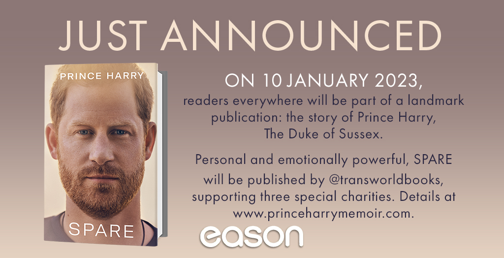 Personal and emotionally powerful, SPARE, Prince Harry's memoir will be published on January 10th. You can pre-order your copy here: easons.com/prince-harry-s… Supporting three special charities. Details at princeharrymemoir.com.