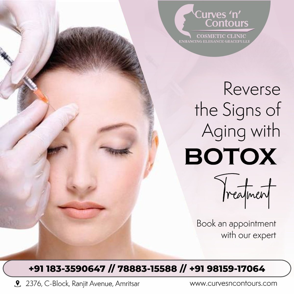 Reverse the signs of aging with Botox treatment.

Book your appointment. 
☎️Call-+91 788-8315588

Visit us:- curvesncontours.com
2376, Block-C Ranjit Avenue, Amritsar

#botoxtreatment #botox #botoxandfiller #botox #cosmeticclinic #besttreatment #botoxfiller #medifacial