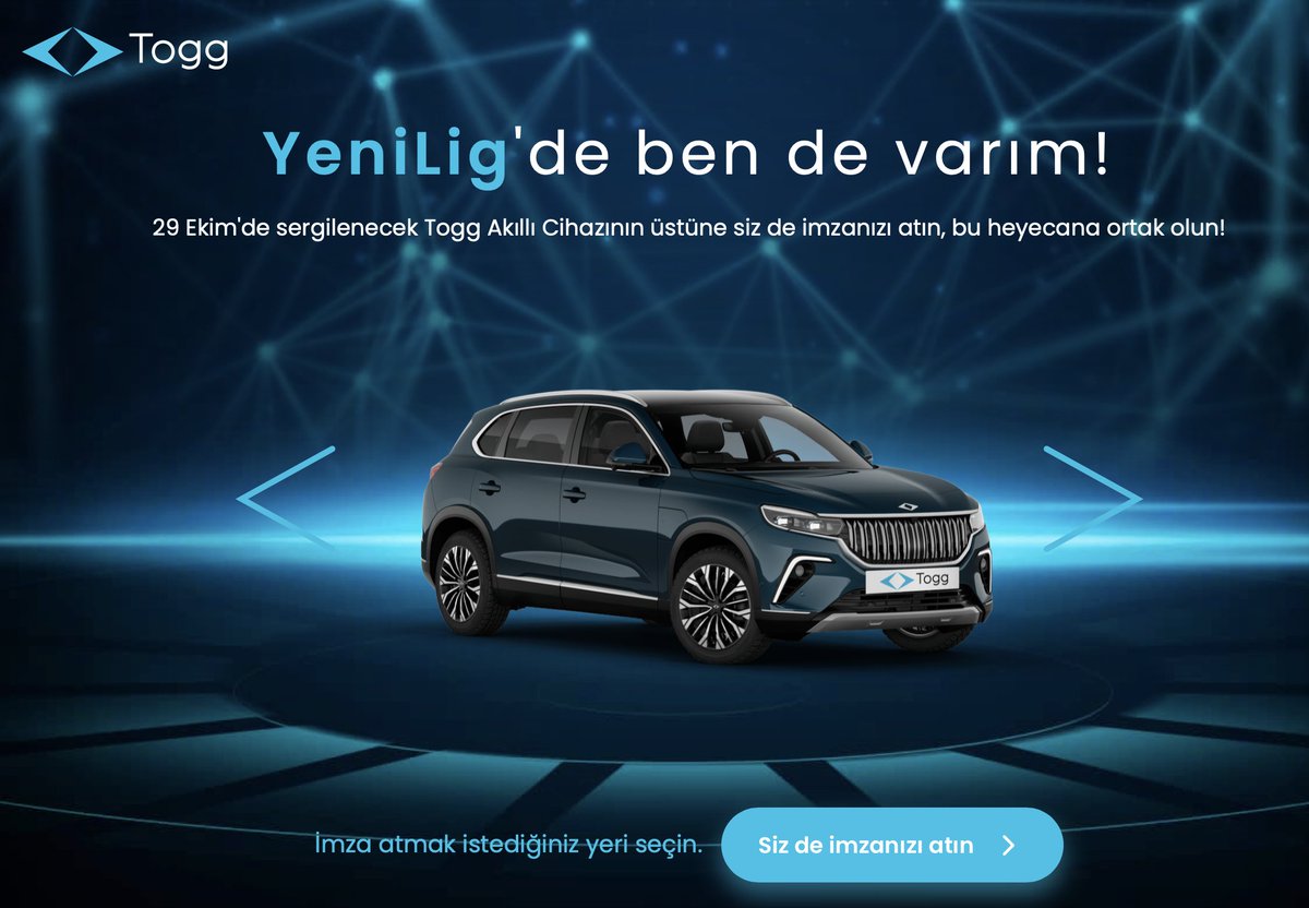 #Togg Akıllı Cihazımızın üstüne siz de imzanızı atın, bu gurura ortak olun.

#YeniLigdeBenDeVarım demek için: yeniligdebendevarim.com

#YeniLigGemlik