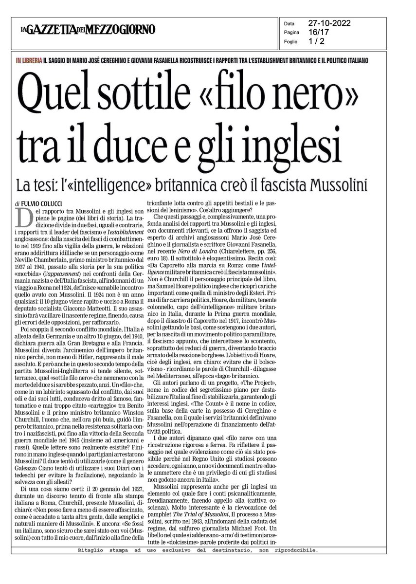 GioFasanella's tweet photo. #NerodiLondra @chiarelettere Gazzetta del Mezzogiorno-3
«Fa riflettere il passaggio nel quale evidenziano ´(...)  perché in Uk gli studiosi possono accedere, ogni anno, a nuovi documenti mentre "duole ammettere che è un privilegio di cui gli studiosi non godono ancora in Italia"» https://t.co/e67A1fo9J8