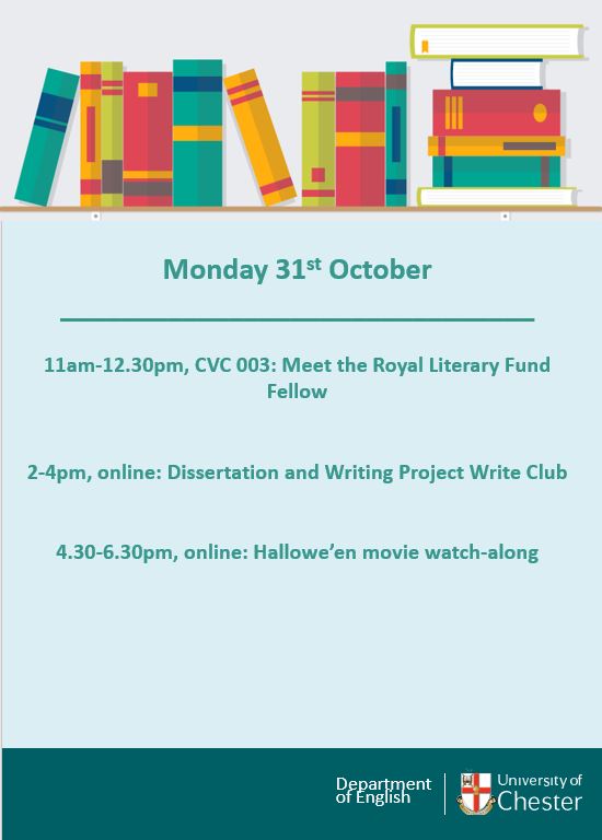 UoCEnglish's tweet photo. We're kicking off Enhancement Week on Monday morning with an in-person session with the RLF Fellow  @PaulineRowe_ followed by @MelissaFegan's online dissertation write club and our Hallowe'en watch-along in the afternoon #EnhancementWeek @uochester https://t.co/HyhKRxZv7W