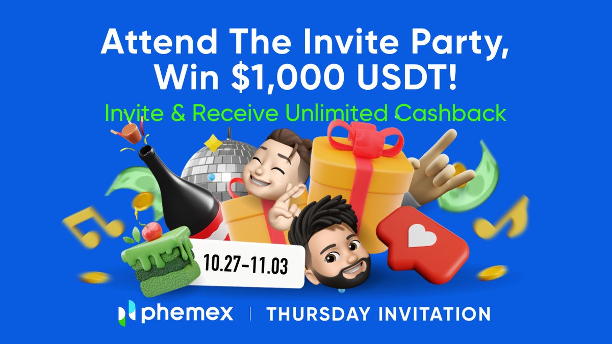 🎉 You're invited to attend our invite party! 💸 Win unlimited cashback and $1,000 USDT! 1️⃣ Send out an invite to your friends! 2️⃣ Once they join in, claim the prizes! ➡️ Get the most out of this special event open.phemex.cloud/t/56 #Phemex #wincrypto #airdrop #giveaway #friends