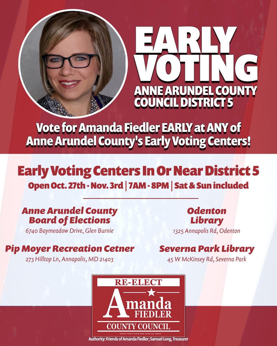 Early Voting Centers are NOW open in Anne Arundel County. Now's the time to vote to re-elect Amanda Fiedler to the Anne Arundel County Council for District 5. 

Amanda Fiedler has been there when we needed her, so now's our chance to be there for her.