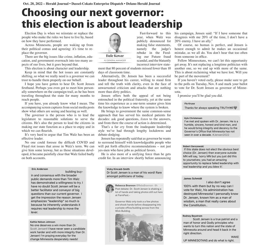 LastMileStrong's tweet photo. My newspaper column supporting @drscottjensen. This election is about LEADERSHIP.
Link: https://t.co/O0Ut60gti2
#mngov #mnleg #mngop #RememberInNovemberMN https://t.co/4R5XLwuv7T