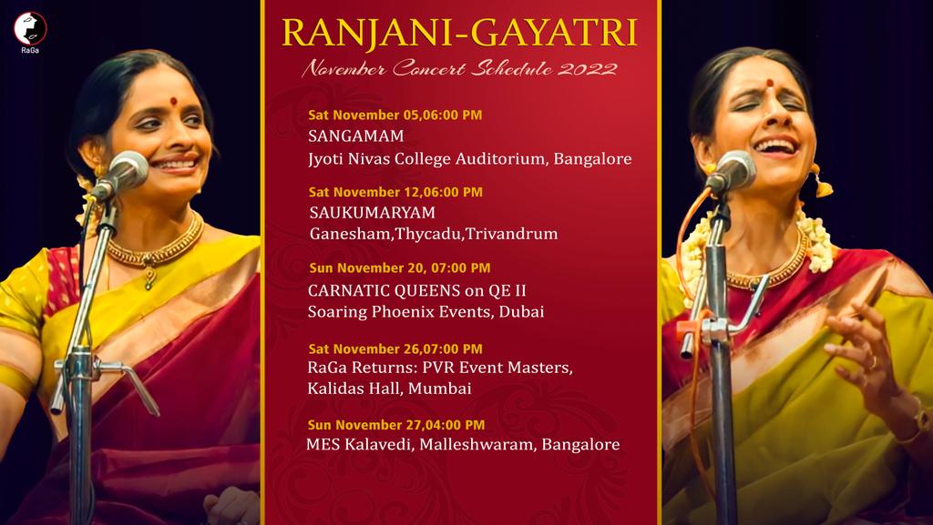 ranjanigayatri's tweet photo. Our November concert schedule. Concerts in Bengaluru, Thiruvananthapuram, Dubai and Mumbai.
#music #classicalmusic #classical #carnatic #carnaticclassical #carnaticmusic #carnaticclassicalmusic #performance #concert #classicalconcert #carnaticconcert #raga #RaGainconcert https://t.co/iwN8HE0myR