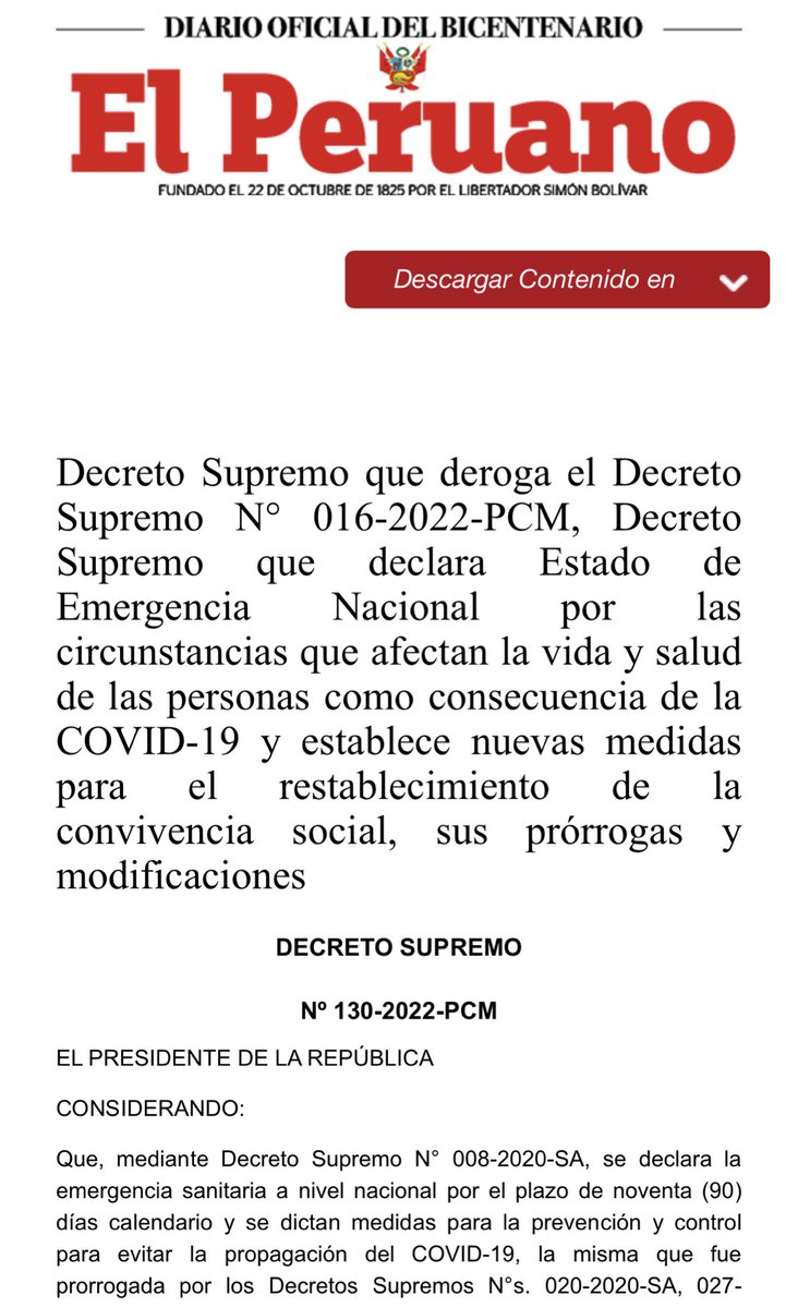 Después de 2 años se deroga Estado de Emergencia Nacional. Ya está publicado en El Peruano