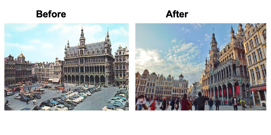 As someone who regularly travels to continental Europe I'm amazed by the resistance to pedestrianise city centres in the UK. Take Brussels: The Grand Place was pedestrianised on 21 March 1991. Unimaginable it would ever go back to being a car park. 🧵