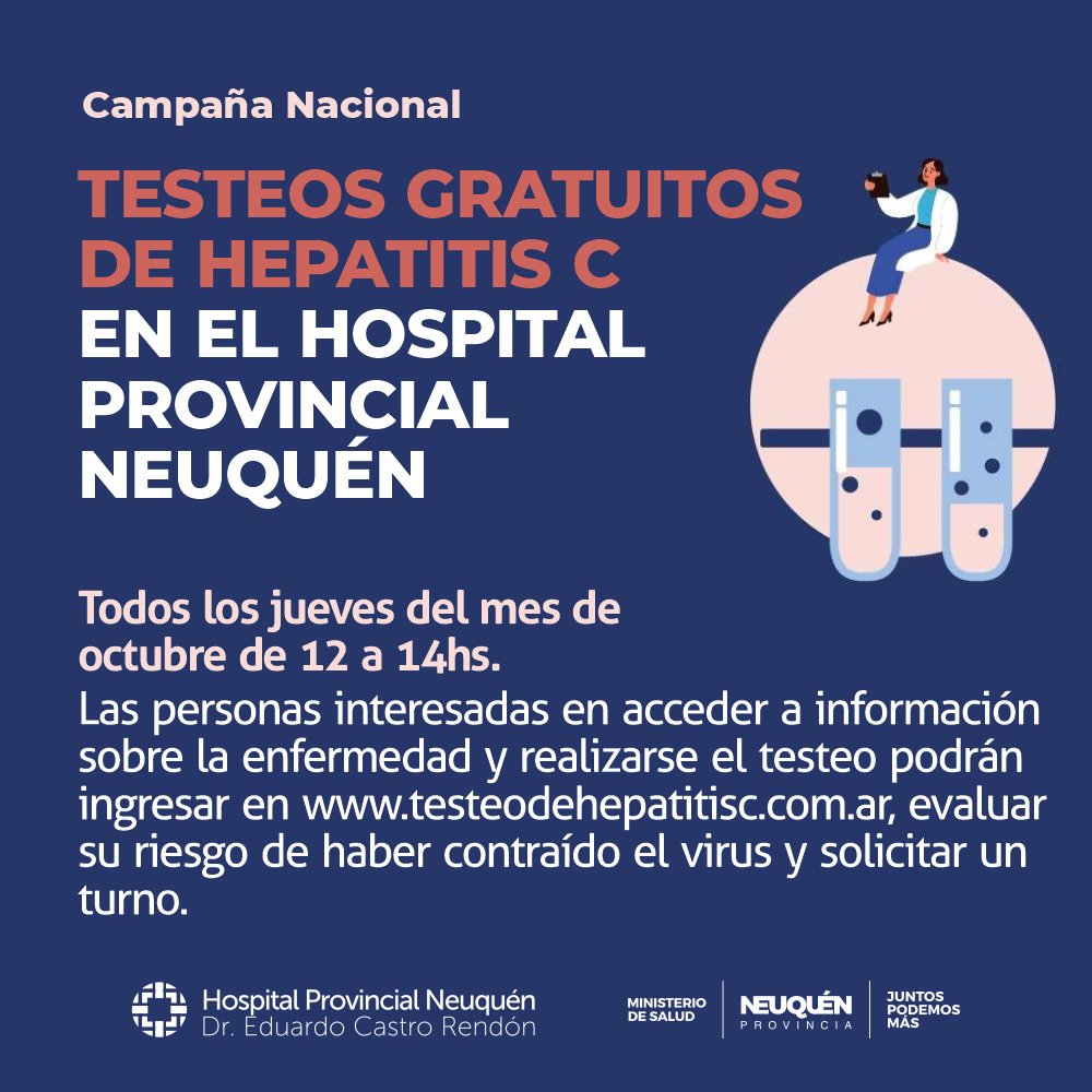 HospitalNeuquen's tweet photo. Testeo de Hepatitis C | Hoy es el último jueves que se realizarán los testeos en el consultorio Nro. 23 de 12 a 14hs. 

Más información en  https://t.co/glDcbC2574

#Prevención #Hepatitis 
#Testeate https://t.co/yqSKzQowct