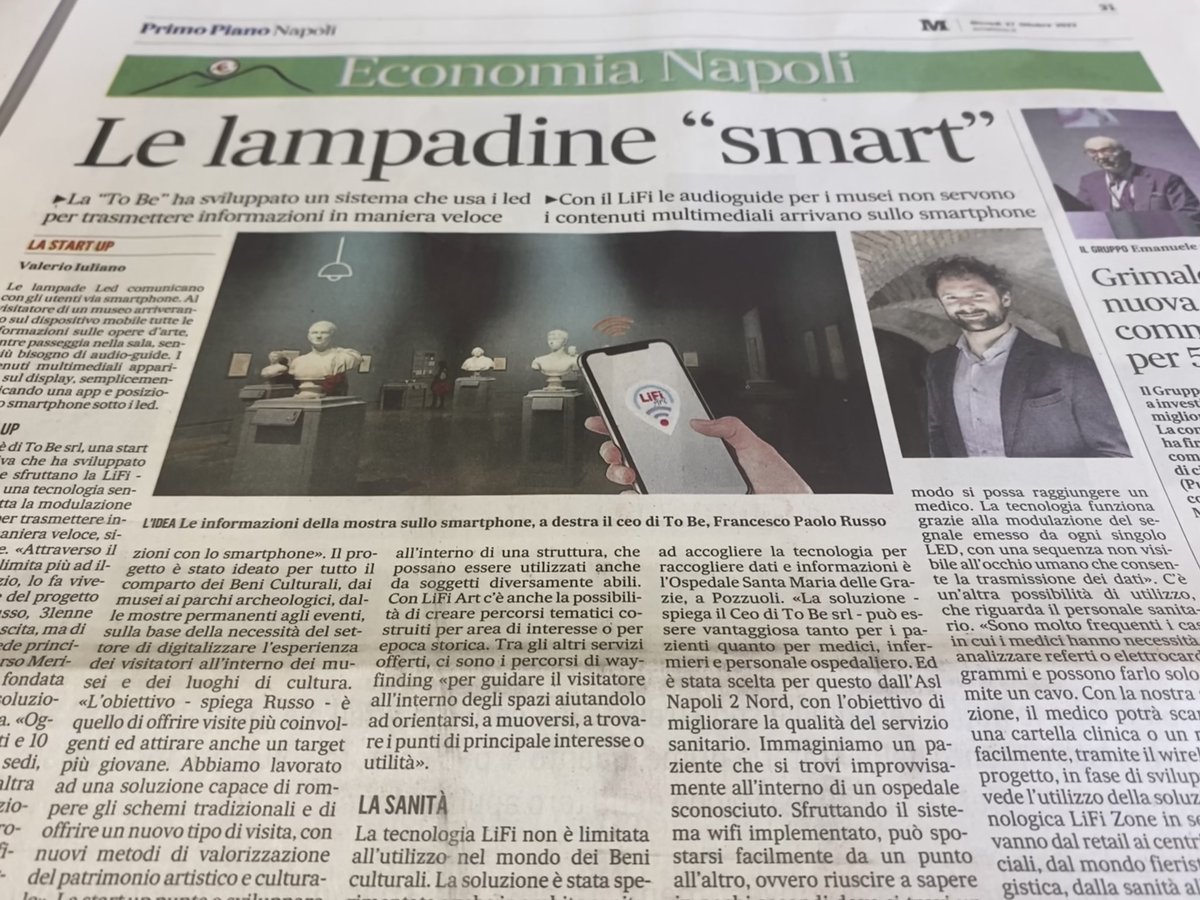 🗞 Oggi su #IlMattino si parla di noi e delle soluzioni #LiFi che abbiamo sviluppato per i Beni Culturali e la Sanità.

🙏🏼 Grazie a <a href="/RegioneCampania/">Regione Campania</a> per il sostegno!

😎 Per scoprire di più, non vi resta che andare in edicola o cercare la rassegna online!

#SeedingInnovation