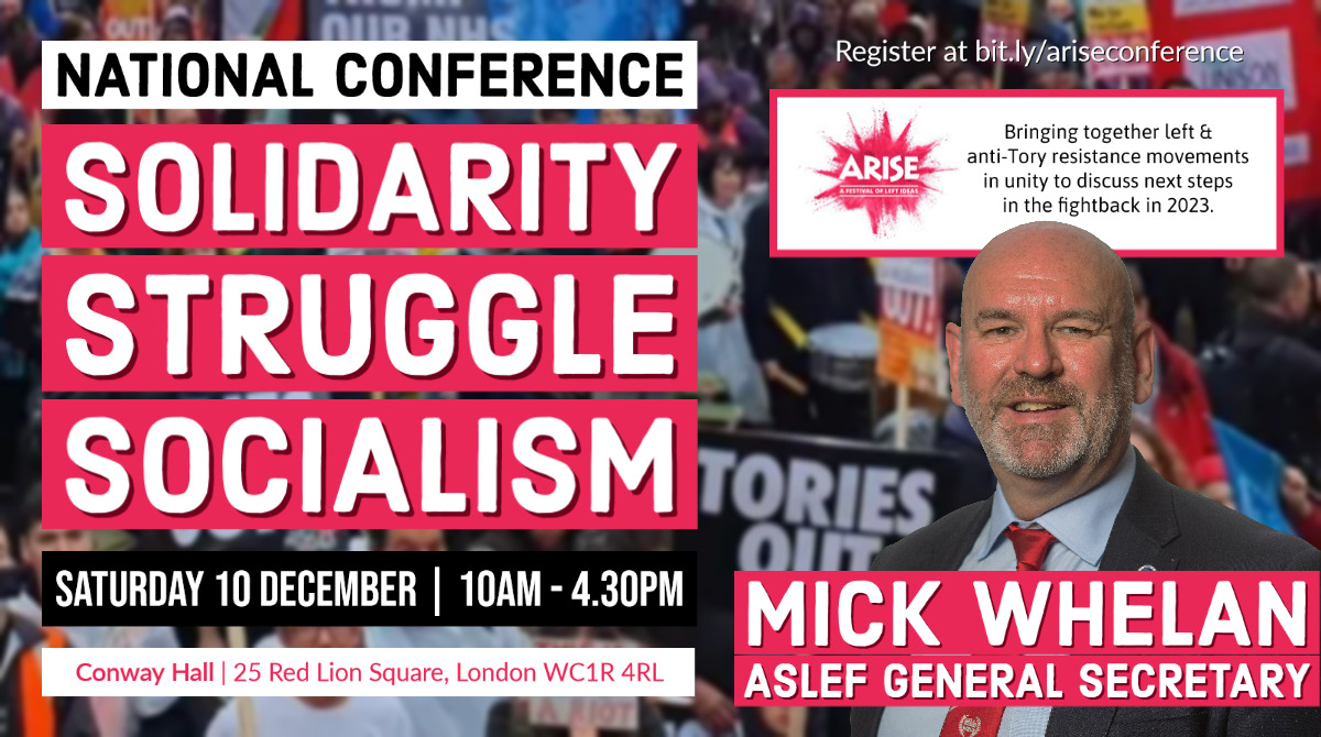 Transport workers have inspired us all by taking action against the Tories & profiteers 🙌 Join @MickWhelanASLEF at our 'Solidarity, Struggle, Socialism' event on December 10 to discuss the next steps in the fightback 👉bit.ly/ariseconferere… #EnoughisEnough #ToriesOutNow