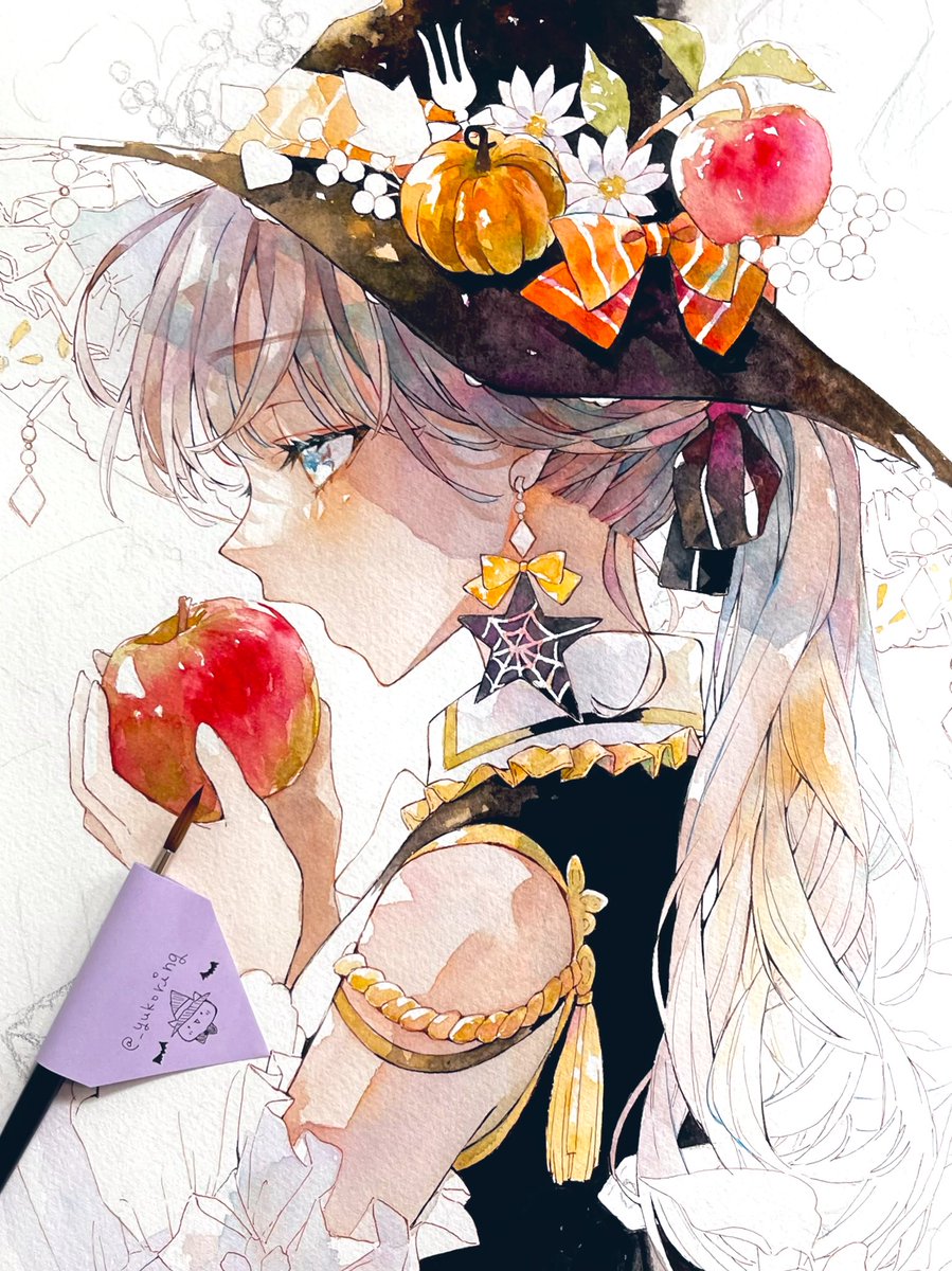 1girl hat witch hat food fruit solo earrings  illustration images