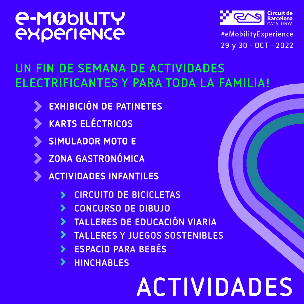 Para la primera edición de la #eMobilityExperience os hemos preparado una serie de actividades electrificantes y familiares! 😊😊

Un amplio programa que completará un gran fin de semana con las pruebas de vehículos eléctricos y el #CatalunyaRX! 👍 

ℹ🎟 circuitcat.com/es/eventos/e-m…