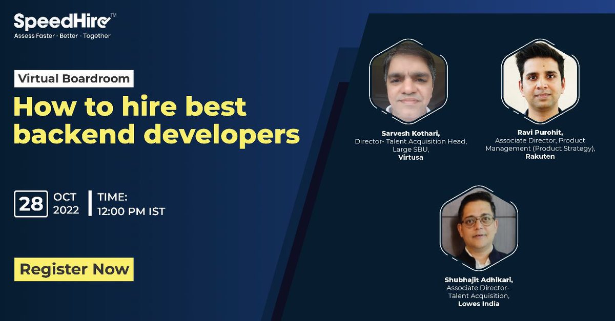 speed_hire's tweet image. Join us for a panel discussion with eminent speakers on Oct 28, 2022, at 12 PM IST and learn about the methods of hiring being used by the recruiters ➡️ bit.ly/3zjQTS6. Register Now!

#SpeedHire #AssessmentSimplified #TalentAssessmentSimplified #SpeedHireBoardroom