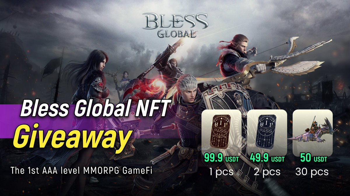 🎉Thrilled to announce our new AAA MMORPG GameFi #Giveaway with @ONTOWallet 🎁Reward Pool : 33 NFTs worth over $1,600 👉To Enter: Follow @BlessGlobal and @ONTOWallet ❤️Like, RT & Tag 3 Friends Finish Tasks on Givelab: giv.gg/f6wZ5r