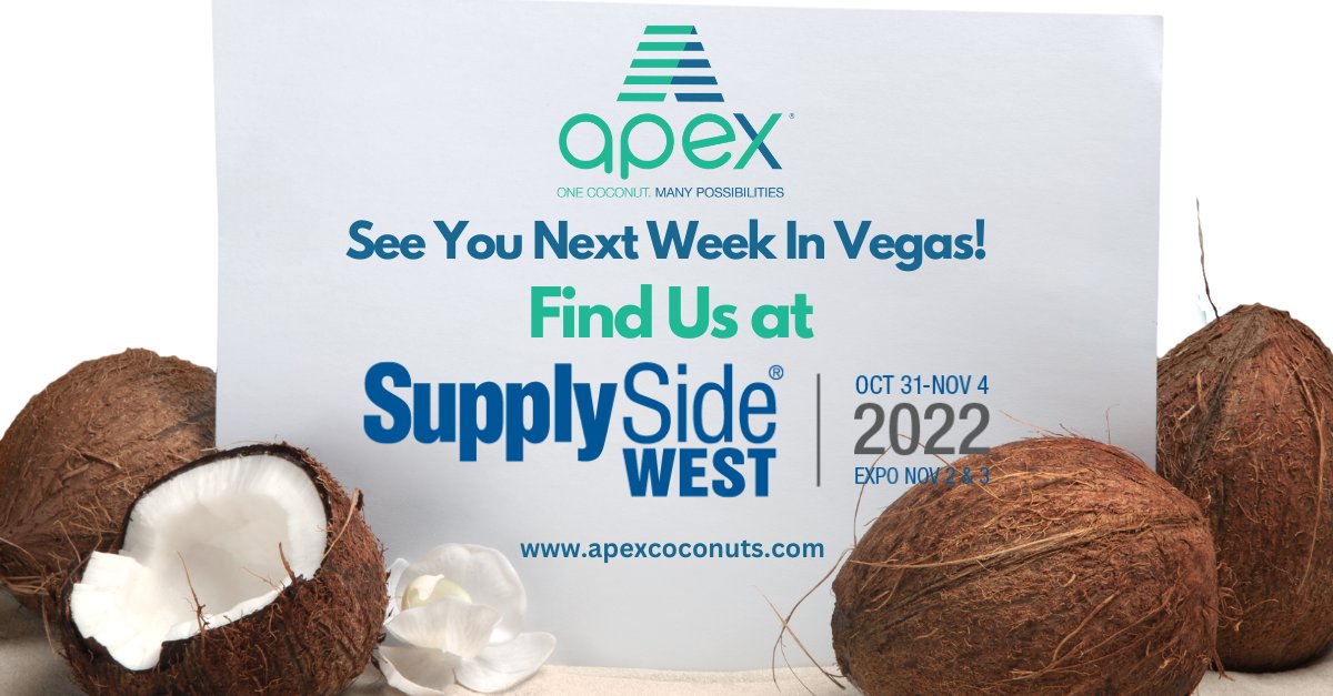 ApexCoconuts's tweet photo. We are looking forward to #SupplySideWest next week in Las Vegas!

 If you would like to arrange a meeting, email us: gokul@apexcoconuts.com

Come, talk to us about #Bulk and #PrivateLabel needs! 

#SupplySideWest2022 #FoodandBeverages #coconutproducts #organicproducts #bulk https://t.co/qO12csXufi