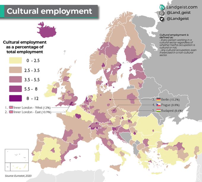 𝘊𝘢𝘴.
Hoy te traemos este mapa sobre el empleo cultural en #Europa 🇪🇺
¿Alguna vez lo habías pensado?

𝘝𝘢𝘭.
Avui et portem aquest mapa sobre l'ocupació cultural a #Europa 🇪🇺
Alguna vegada ho havies pensat?
<a href="/landgeist/">Landgeist Maps</a> #Maprtes