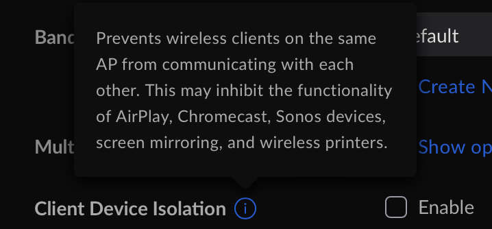 dissimile's tweet photo. @janl Is it the Client Device Isolation setting? Found under the Advanced Configuration settings for each  Wi-Fi network SSID. I have this set to Manual, but maybe they changed the default for this setting under Auto? https://t.co/x6fkR6lNsX
