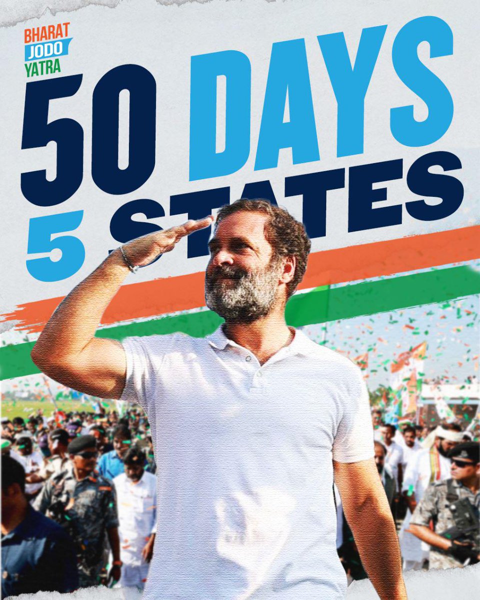 Today is the 50th day of Bharat Jodo Yatra. The journey of more than 1280 kms has been completed so far. Yatra is getting great response in every state. Wherever the yatra is passing, people in large numbers are moving along. #50DaysOfBharatJodoYatra