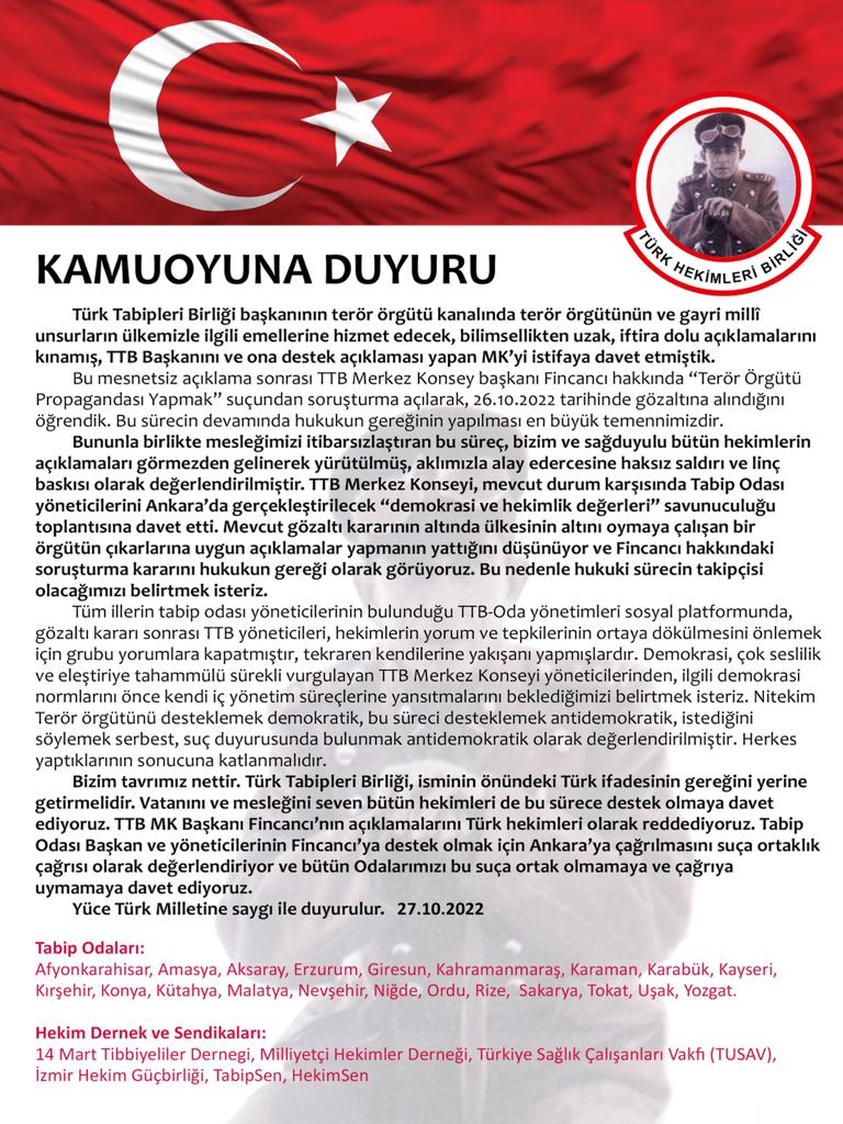 Türk kamuoyuna ve Türk hekimlerine duyurumuzdur: