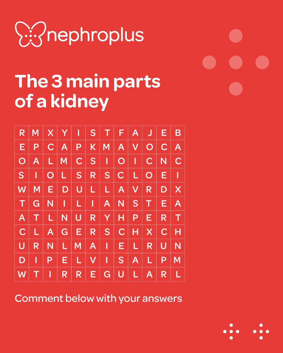 Know your kidneys better and find its three primary parts in the puzzle. Comment with your answer below! Don’t forget to share and like so we know you’re interested in more puzzles to come. #dialysis #kidney #kidneywarrior #kidneyhealth #puzzle