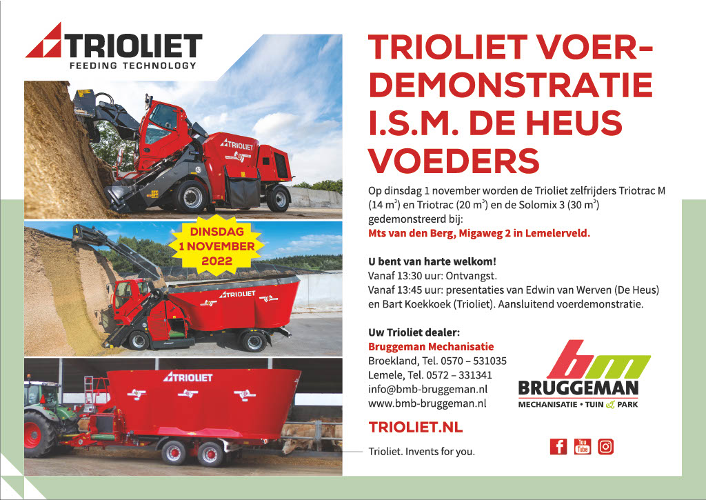 Aanstaande dinsdag 1 november worden de Trioliet zelfrijders gedemonstreerd in samenwerking met De Heus Voeders en Bruggeman Mechanisatie BV bij Mts van den Berg in Lemelerveld . Je bent van harte welkom vanaf 13:30 uur. 🇳🇱
#triolietinventsforyou #trioliet #voermengwagen