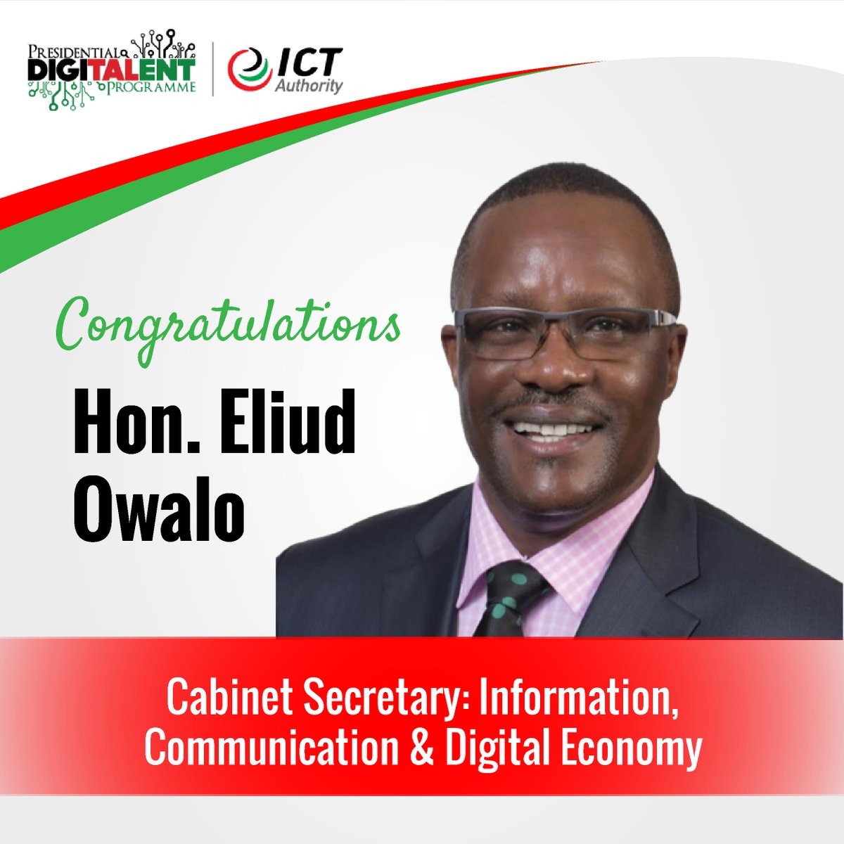 DigiTalentKenya's tweet photo. Congratulations Waziri @EliudOwalo  on your appointment as the CS, Information, Communication &amp; Digital Economy. We are looking forward to working and interacting with you @MoICTKenya @ICTAuthorityKE https://t.co/ndy7aD4ks9