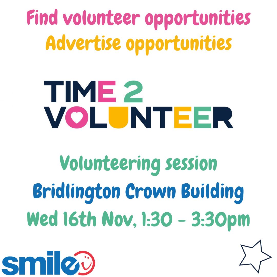 Come along to the Bridlington Crown Building for a warm welcome and introduction to volunteering. 
Weds 16th Nov, 1:30pm.
For more information or to reserve a place, please click here eventbrite.co.uk/.../volunteeri…...
@SmileF_Hull