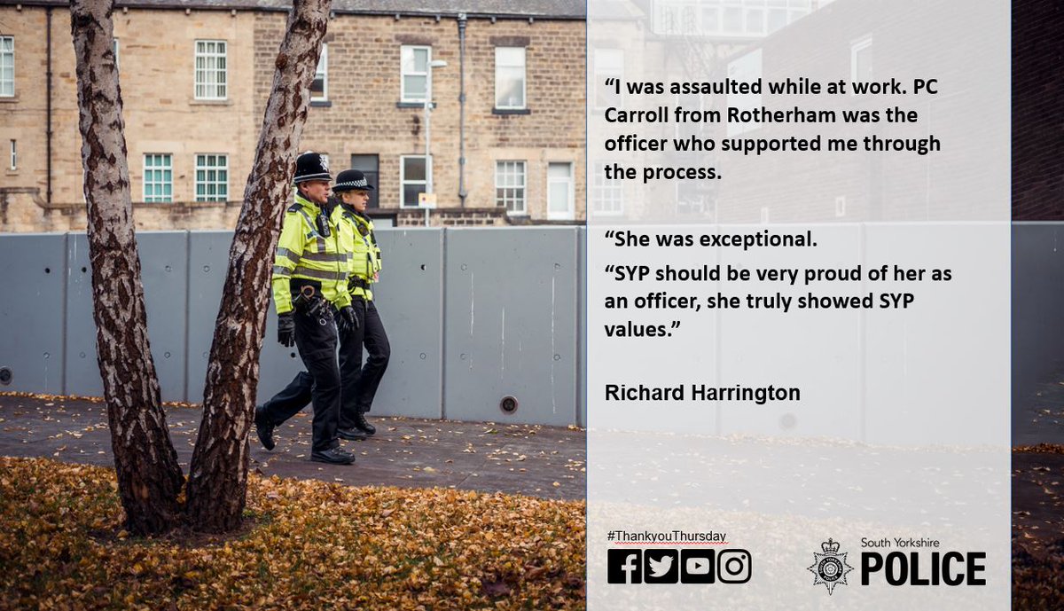 #ThankyouThursday We received this compliment for PC Carroll from #Rotherham for her care in supporting a victim who had been assaulted at work. We appreciate the time taken to thank our staff and officers. It means a lot to them when a lovely message drops in their tray 👏