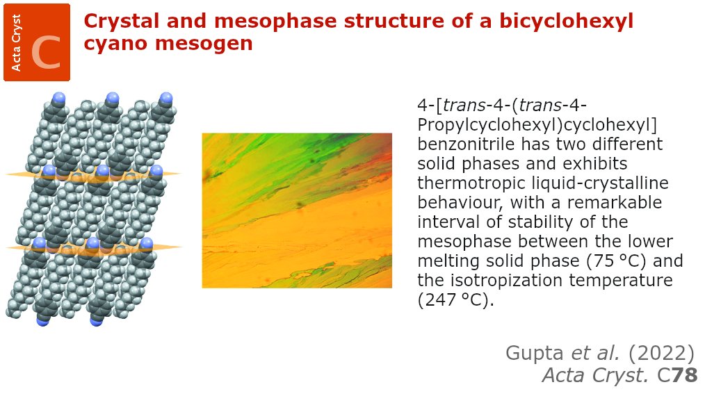 ActaCrystC's tweet image. Mesophase structure of a bicyclohexyl cyano mesogen @ActaCrystC @IUCr doi.org/10.1107/S20532… @RaiganjU @UniCalPortale @chemunina @UninaIT #mesogen #texture #crystalpacking #ordered #smectics #crystalstructure #benzonitrile #crystallography