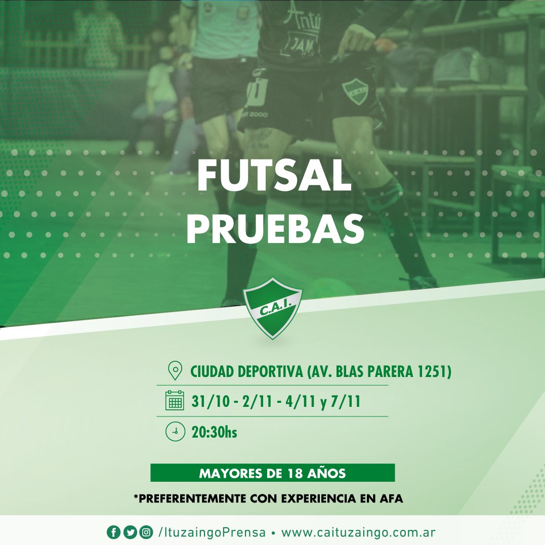 ⚽️ ¡Se vienen pruebas para la primera!

📅 Lunes 31/10 y 7/11
📅 Miércoles 2/11
📅 Viernes 4/11

¡Te esperamos!