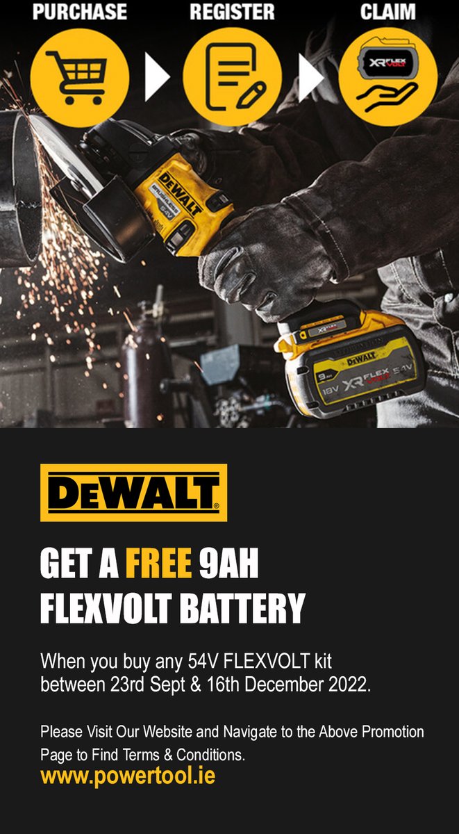 powertoolonline's tweet photo. DeWalt - Get a FREE 9AH FLEXVOLT BATTERY -
Preview Text: Get a FREE 9AH FLEXVOLT BATTERY - When you buy any 54V FLEXVOLT kit between 23rd Sept &amp; 16th December 2022 - T&amp;C apply - Online https://t.co/Gvp6Heg23d
https://t.co/zqzbGtkWM0 https://t.co/1S8aQadMeC