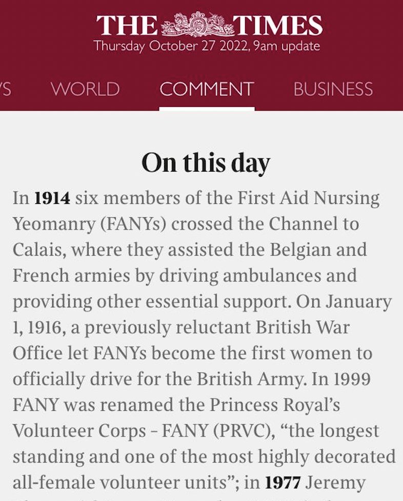On this day, Grace Ashley-Smith and six FANYs crossed into France to drive ambulances for Belgium and France. This is the official start of the FANYs’ wartime service. Thank you @Thetimes for featuring us on this important day in our history
#WorldWar1 #Onthisday