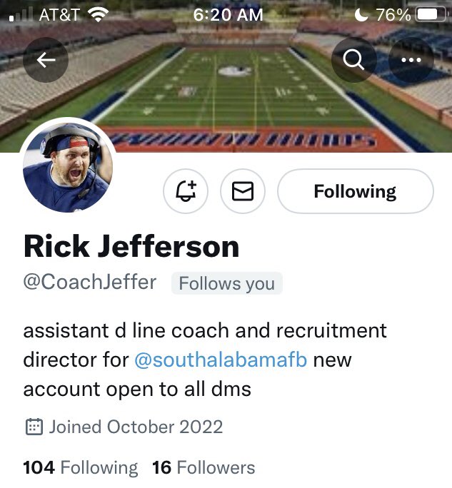 Hey recruits, do not be fooled by this imposter account. He’s not a member of the South Alabama staff. This is a scam. DO NOT ENGAGE!