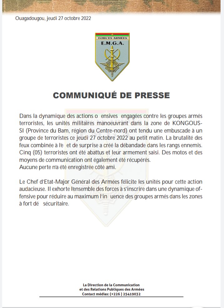 sigbf's tweet image. #Communiqué
Dans la dynamique des actions offensives engagées contre les groupes armés 
terroristes, les unités militaires manoeuvrant dans la zone de KONGOUSSI ont tendu une embuscade 

#Com_Gouv_BF 
#SIGBurkina 
#BurkinaFaso