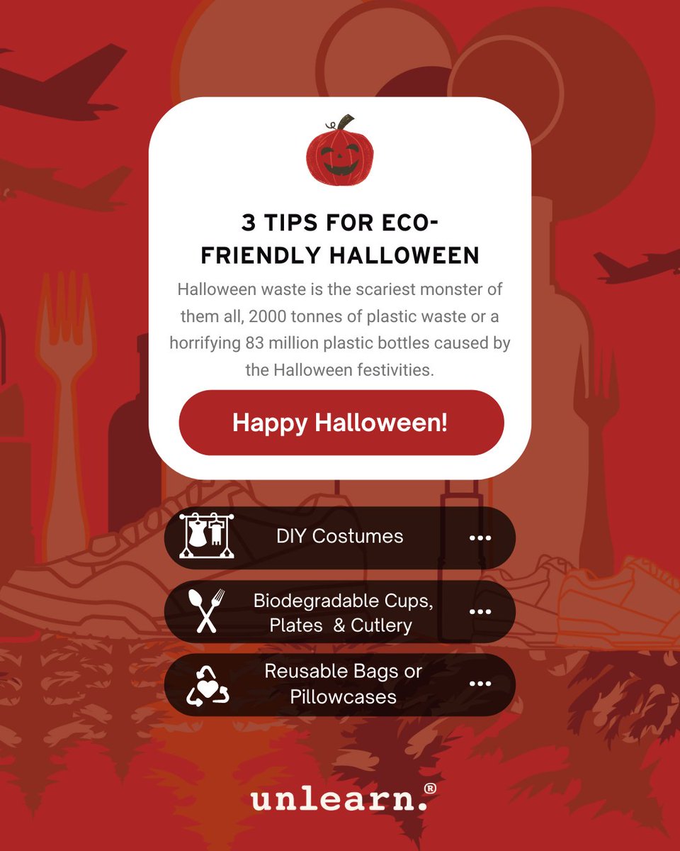 Halloween waste, the scariest monster of them all! 👻
DID YOU KNOW?🌎#Halloween causes approx. 2k tonnes of #plasticwaste/horrifying 83m #plasticbottles. 3 tips for eco-friendly time⬇️

Are you a Halloween lover? RT a 🎃!

#unlearn #ecofriendlytips #halloweentips #trickortreat