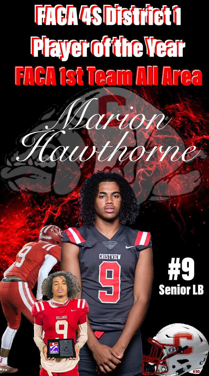 crestview_fb's tweet photo. #9 Marion Hawthorne, Senior LB
FACA 1st Team All Area
FACA 4S District 1 Player of the Year
#LoveTheView #CrestviewBulldogs https://t.co/lSP4jviIMm