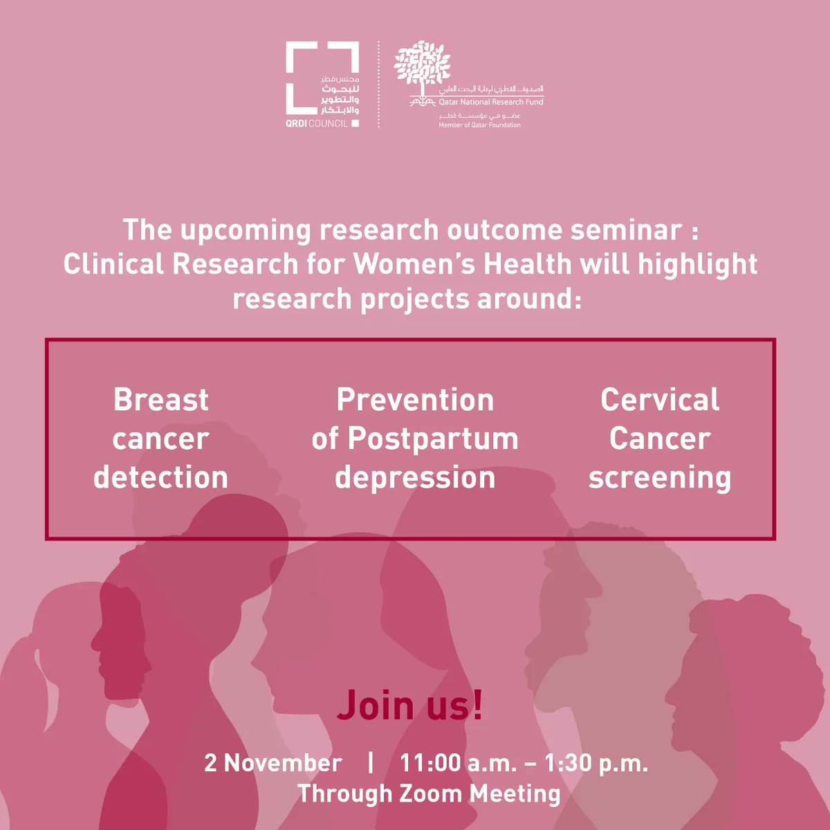 Join us to witness the five successful National Priorities Research Program (NPRP) research projects, that tackle these health challenges among women.
🗓 2 November
🕙 11:00 a.m. – 1:30 p.m.
📹 Zoom Meeting
To register, click on the link below: 

bit.ly/3sjAgSQ