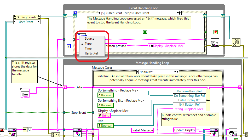 これはLabVIEWのQueued Message Handlerのテンプレートですが、実はユーザイベントでおかしいところがあり、ユーザ ...