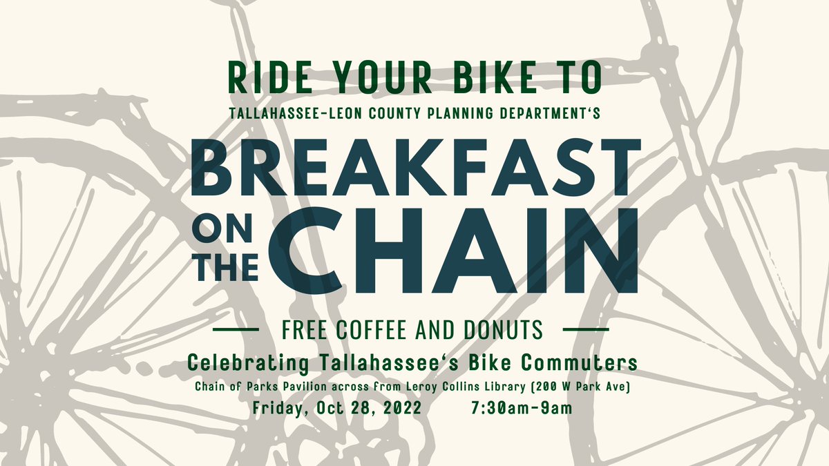 CityofTLH's tweet photo. Reminder: If you're a bike commuter, swing by the Chain of Parks during your morning ride tomorrow, Oct. 28, to enjoy free coffee and donuts with the City/County Planning Department from 7:30-9am. #BikeTLH https://t.co/veXgtwddOk