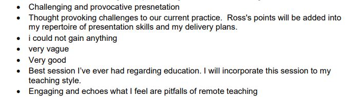 Speaker feedback is essential to development, best with additional free text. Remember there will be a spread of opinion. Read it all and reflect. Don't take it all to heart, positive or negative. Be even better the next time. (and this IS my feedback from recent meeting) #htdap